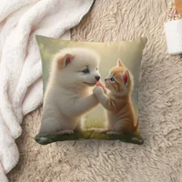 Best friends, give me five - cute puppy and kitty throw pillow