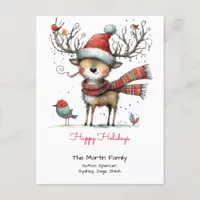 Whimsical Reindeer in a Santa Hat Happy Holidays Postcard