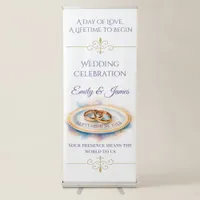 Elegant Watercolor Golden Rose Wedding Rings Retractable Banner