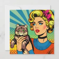 Cartoon Comic Pop Art Women Holding Cat