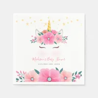 Watercolor Unicorn Face Floral Stars Baby Shower Napkins