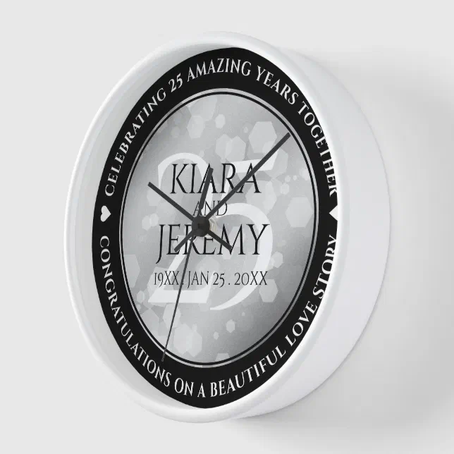 Elegant 25th Silver Wedding Anniversary Clock