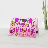 Happy Birthday with Whimsical Flowers and Balloons Card