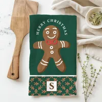 Gingerbread Man Green Monogram Merry Christmas Kitchen Towel