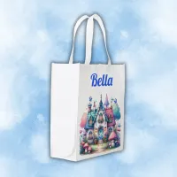 Pink & Blue Fairy Cottage Core Monogram on White | Grocery Bag