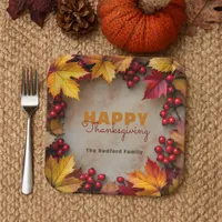 Golden Maple Leaves and Red Berries Thanksgiving  Paper Plates