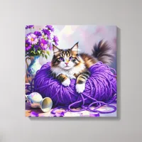 Cat with Purple Eyes in Purple Yarn and Flowers Canvas Print