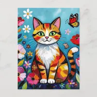 Colorful Cat, Flowers and Butterfly  Postcard