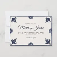Blue Floral Otomi Simple Fiesta Spanish Wedding Save The Date