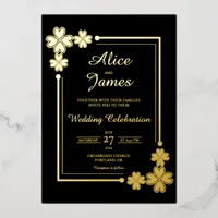 Lucky Clover Frame Elegant Black Gold Foil Wedding Invitation
