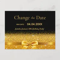 Birthday party black gold glitter change the date postcard