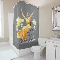 Woman in a wheelchair dances joyfully shower curtain