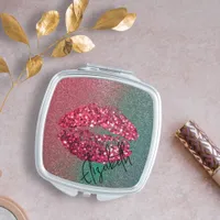 Modern Glam Red Glittery Kiss Lipstick Imprint Compact Mirror