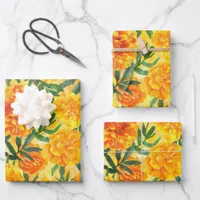 Watercolor Yellow and Orange Marigold Type Flowers Wrapping Paper Sheets