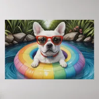 Funny French Bulldog Floating in a Pond Poster