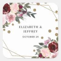 Floral Burgundy Gold Glitter Geometric Wedding Square Sticker