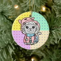 Personalized Cartoon Kitty Cat in Winter Hat   Ceramic Ornament