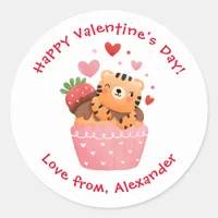 Cute Tiger in Cupcake Custom Kids Valentine's Day Classic Round Sticker