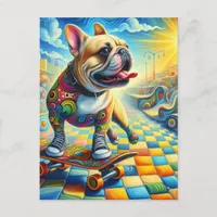 Adorable French Bulldog Skateboarding Colorful Postcard