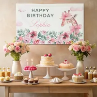 Watercolor Flowers Giraffe Girl Birthday Banner