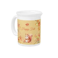 Happy Fall Squirrel in Leaves Beverage Pitcher