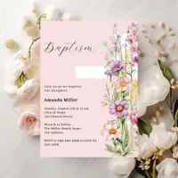 Pink floral cross girl Baptism Invitation