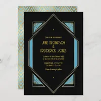 Elegant Gatsby Art Deco Blue & Gold Wedding Photo Invitation