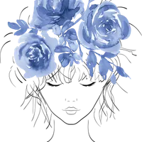 Cute pretty girl with blue watercolor roses-Floral