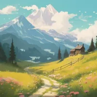 Anime painting winding path farm meadow mountains Poster
