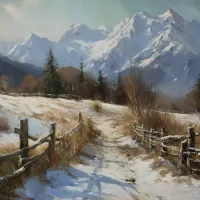 Oil painting winding path west mountain foothills Poster