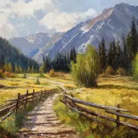 Oil painting winding path forest meadow out west Poster