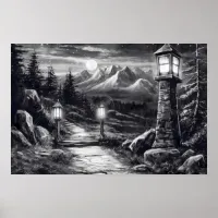 Old winding path through the woods in lamplight Poster
