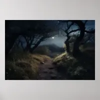 Moonlight walk on winding path through woods Poster