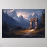 Oil painting winding path to ancient stone archway Poster