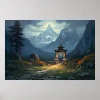 Oil painting old stone path through Asian gateway Poster