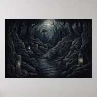 Drawing of a winding path through a creepy forest Poster