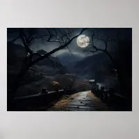 Bridge and winding road countryside moonlight Poster