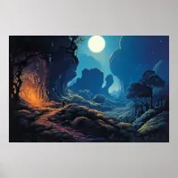 Oil painting surreal winding path in moonlight Poster