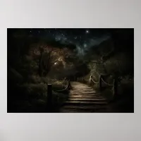 Winding timber path through valley forest at night Poster