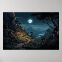 Illustration winding path to mountain cottage Poster